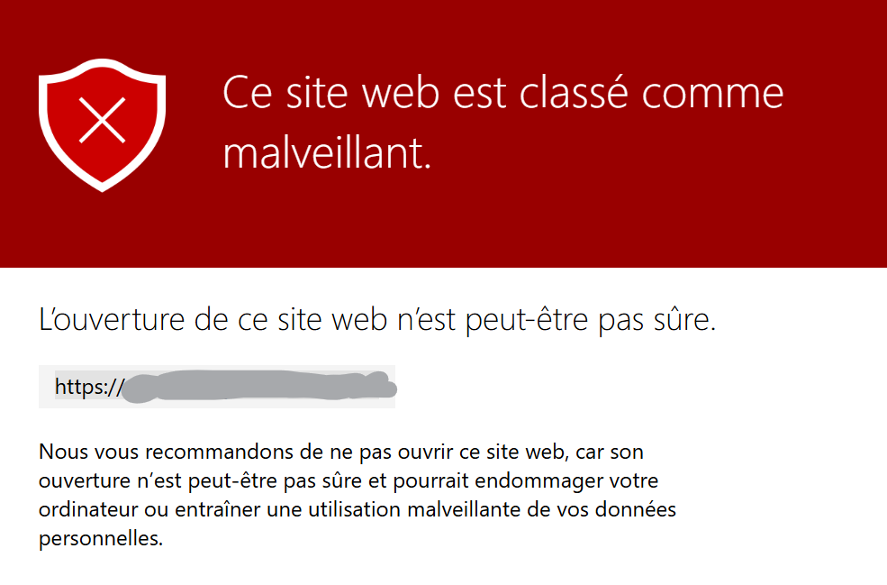 Avertissement de sécurité bloquant l'accès à un site malveillant